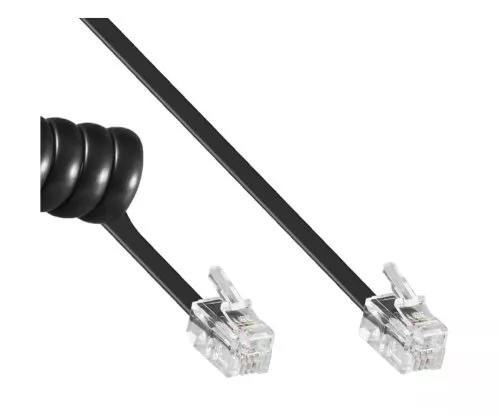 Cabo em espiral para auscultador de telefone DINIC, ficha modular RJ10 4P4C para ficha, preto, comprimento 2,00m, caixa